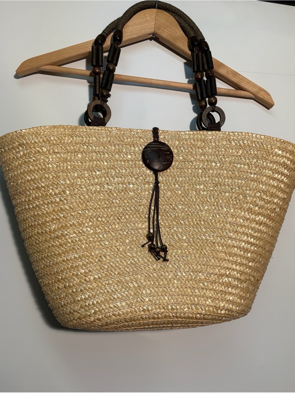 Woven Straw Tote Bag with Wooden Bead Handles - Natural